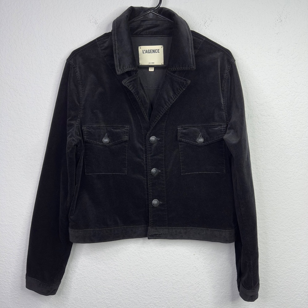 L'AGENCE Eisenhower Jacket Women‎ L Black Velvet Cropped Casual Trucker Luxury